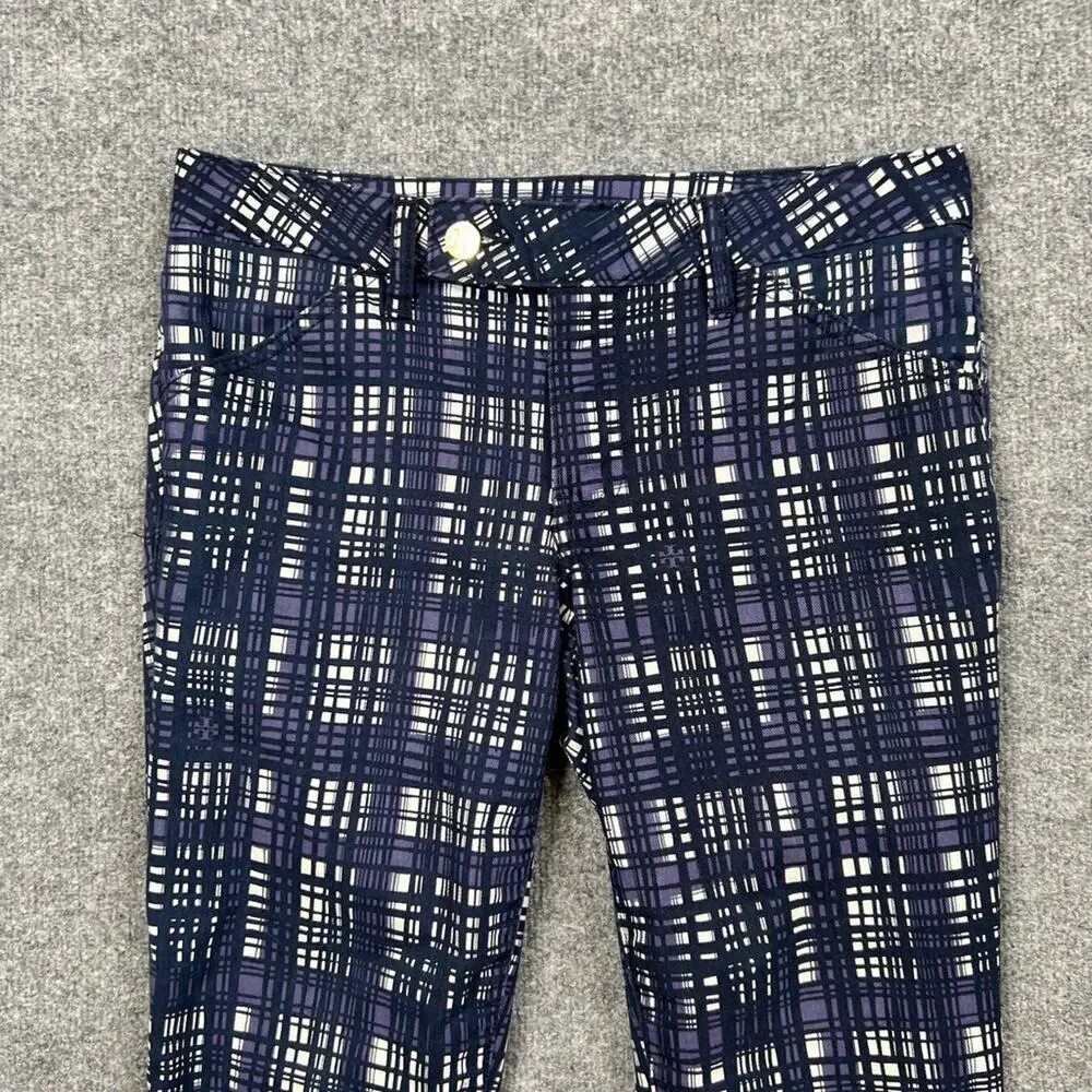 Tory Burch Pants Womens 27 Navy Cotton Blend Plaid Corner Tab Front Skinny Ankle